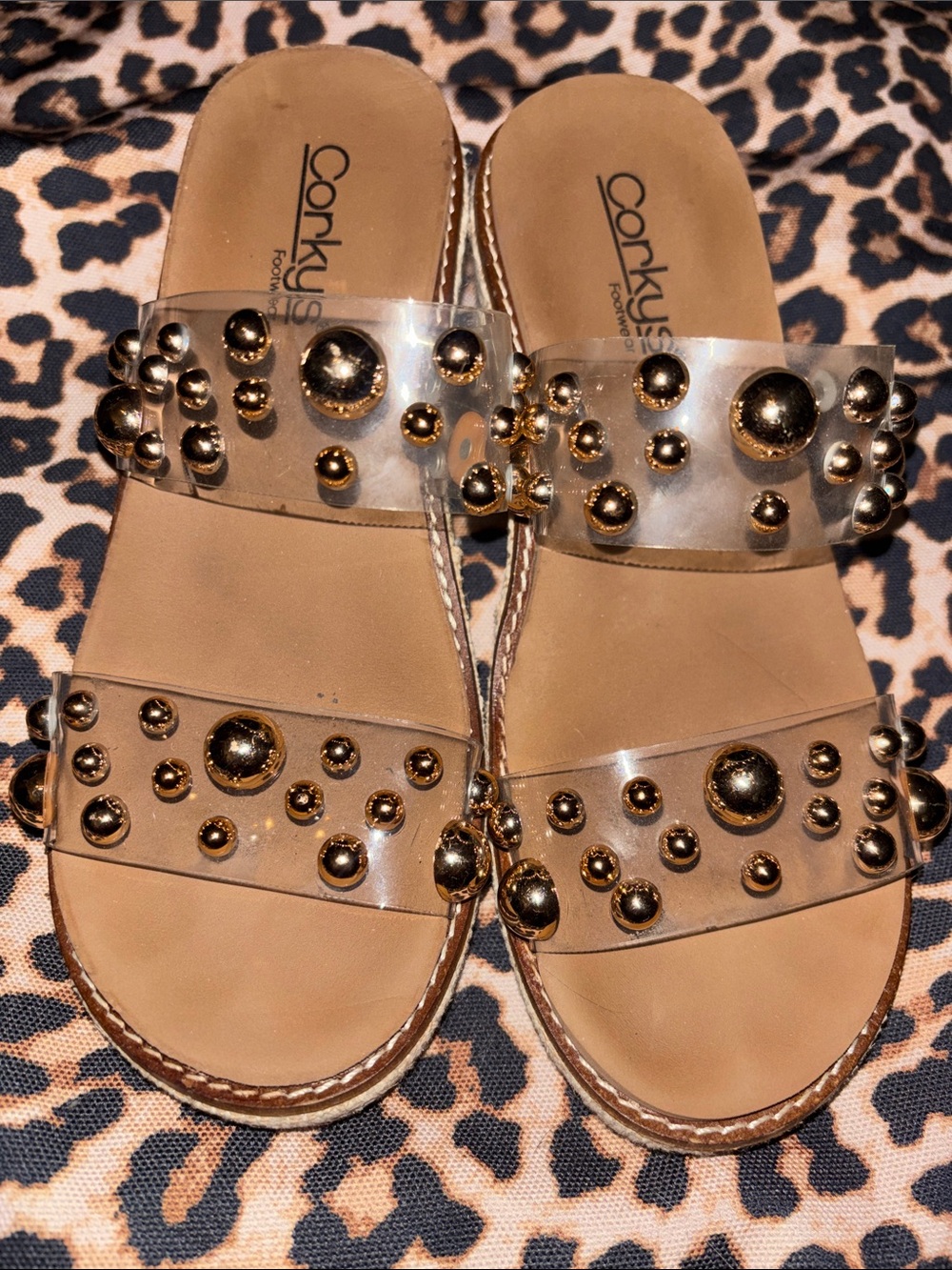 Corkys Clear Slide Sandals with Gold Stud Accents